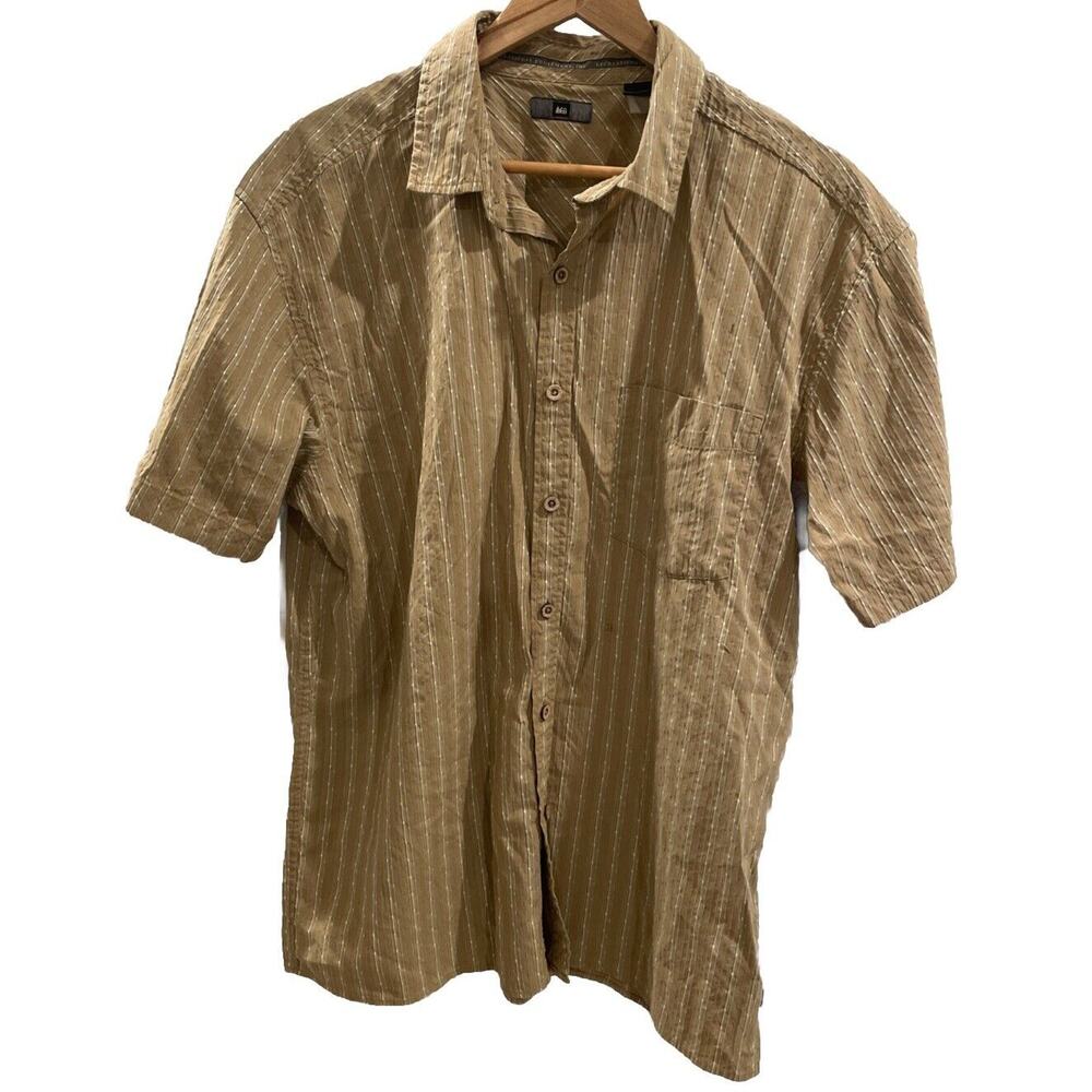 REI Shirt Mens Large Brown Stripe Short Sleeve Button Up Outdoor Casual HikingLG